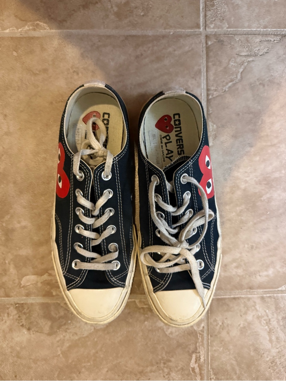 Comme des Garcons Black Canvas Sneakers with Red Heart Motif
